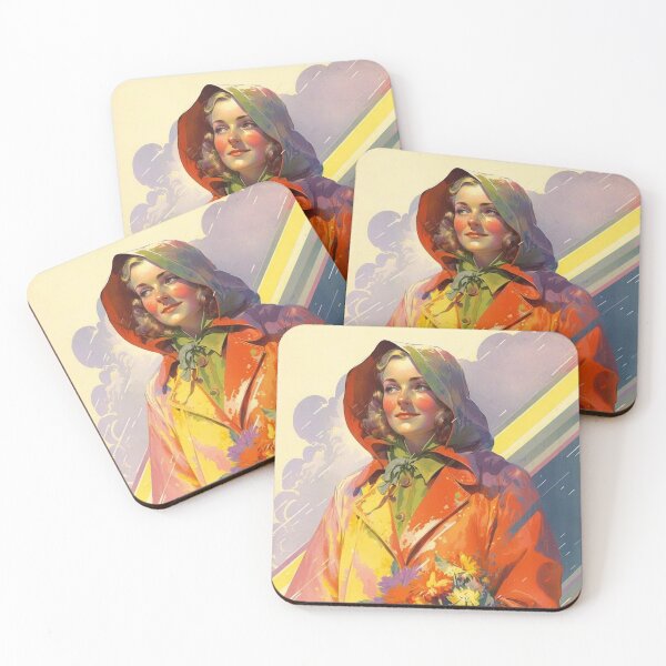 Item preview, Rainy Day Dreams: A Vintage Poster of a Woman in a Raincoat with Flowers under the Rainbow designed and sold by EmeraldeaArt.