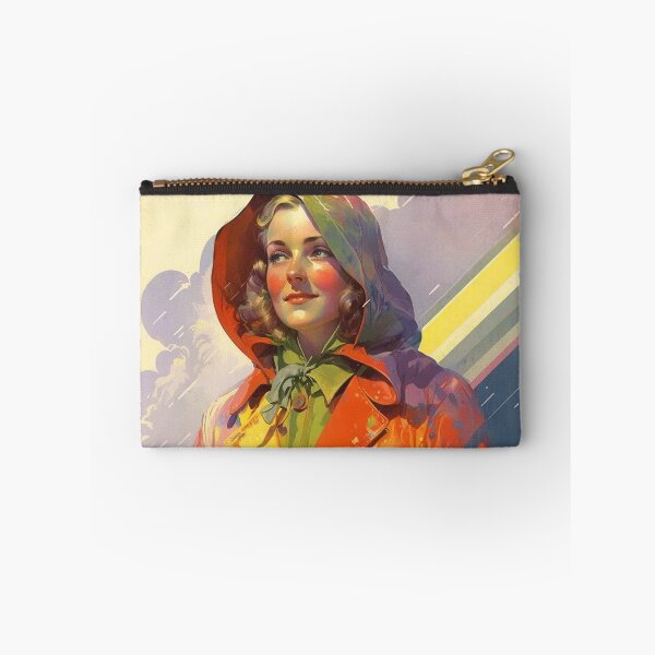Item preview, Rainy Day Dreams: A Vintage Poster of a Woman in a Raincoat with Flowers under the Rainbow designed and sold by EmeraldeaArt.