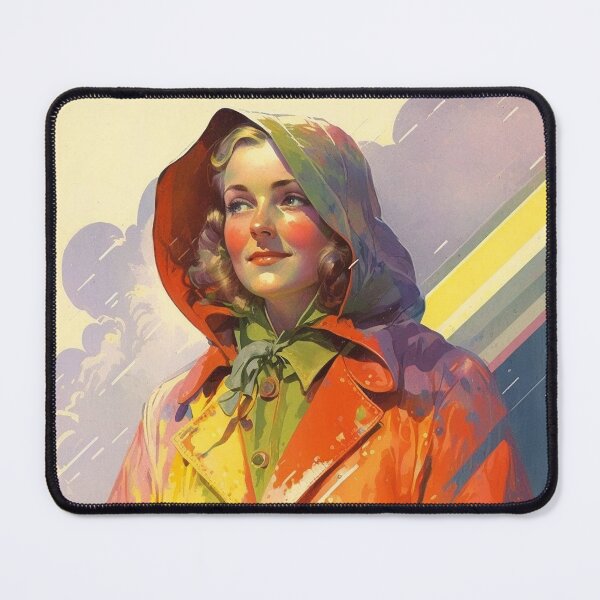 Item preview, Rainy Day Dreams: A Vintage Poster of a Woman in a Raincoat with Flowers under the Rainbow designed and sold by EmeraldeaArt.