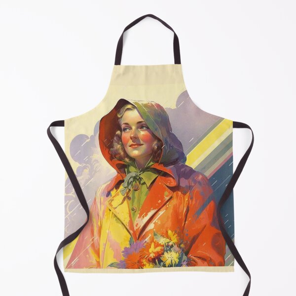 Item preview, Rainy Day Dreams: A Vintage Poster of a Woman in a Raincoat with Flowers under the Rainbow designed and sold by EmeraldeaArt.