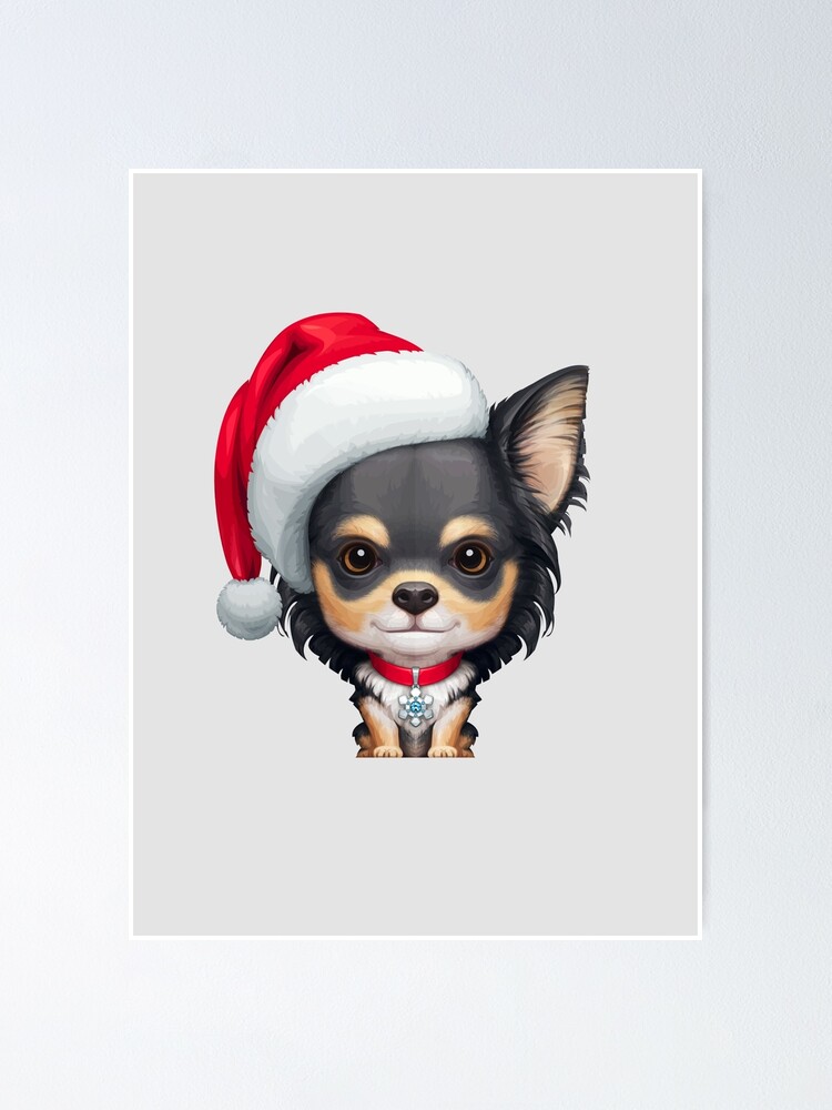 Long Coat Tricolor Chihuahua Dog Wearing Santa Hat Poster By