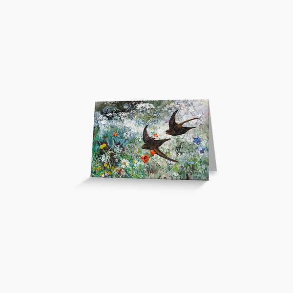 Item preview, Common Swifts Fly over Flowers in Vintage Art Painting designed and sold by WallyMcCloud.