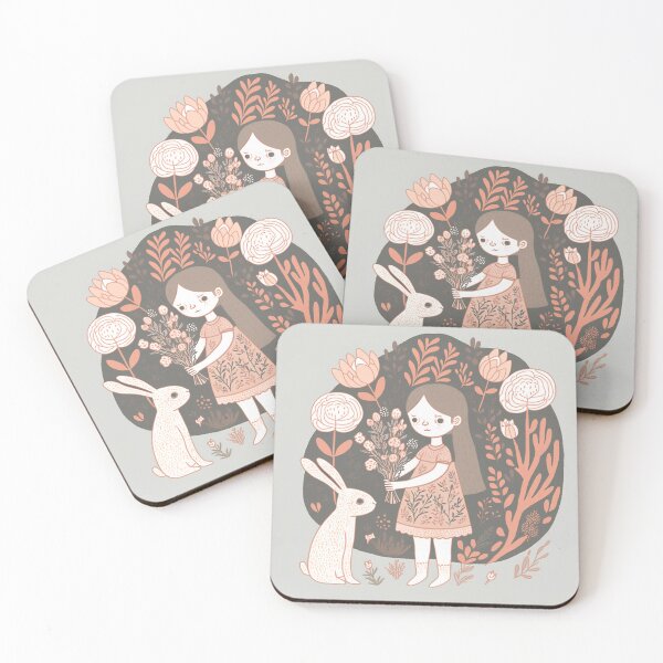 Item preview, girl and rabbit, flowers, naive drawing, pastel colors designed and sold by by-natiko.