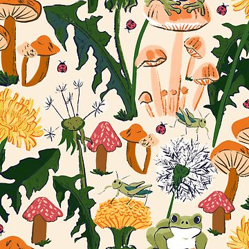 Artwork thumbnail, Fungi Forest pattern with Frogs, Grasshoppers, Ladybugs, Mushrooms & Dandelions by BethHempton