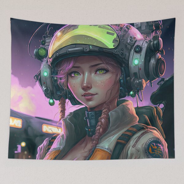 Item preview, Pretty Female Jet Fighter Pilot Aviator Girl Sky Princess Cyberpunk Anime Style Art designed and sold by ultra-cool.
