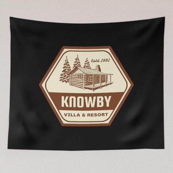 Item preview, Knowby Villa and Resort Wood Cabin 80s horror movie influenced design designed and sold by RetroDesignsNW.