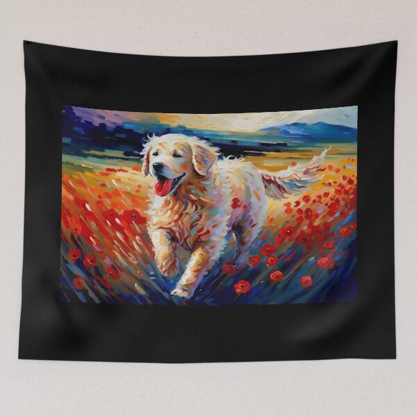 Item preview, Precious Golden Retriever running through a field of red poppies designed and sold by Orianah.