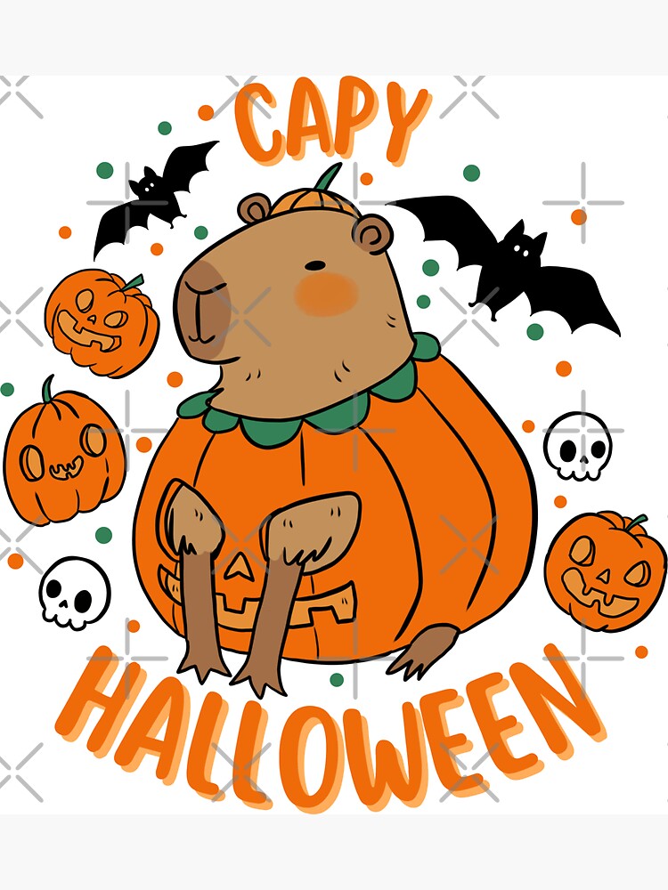 Happy Halloween a cute capybara waring a pumpkin costume for