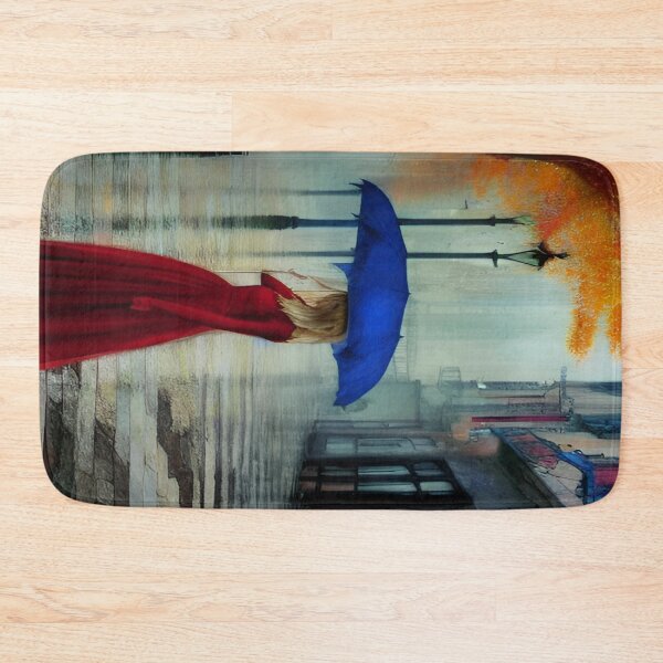 Item preview, Blonde Woman in a Red Dress on a Rainy Day Under Blue Umbrella designed and sold by Adorations.