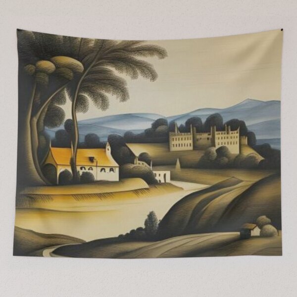 Item preview, A village by the castle - Vintage drawing designed and sold by BRACALIA.