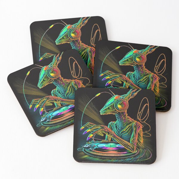 Item preview, Praying Mantis DJ Alien Neon Spinning Records at a Club Party designed and sold by ZazuStudios.