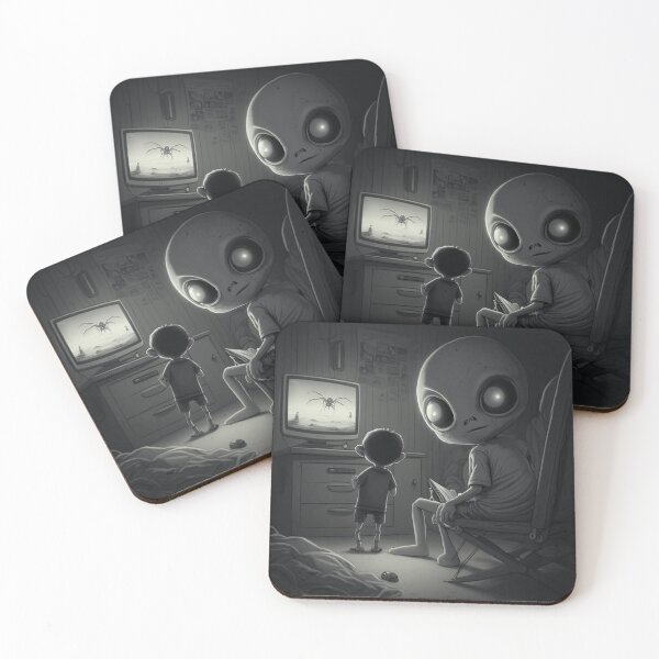 Item preview, Creepy Alien Watches Little Boy While He Watches Spider Movie on TV designed and sold by ZazuStudios.