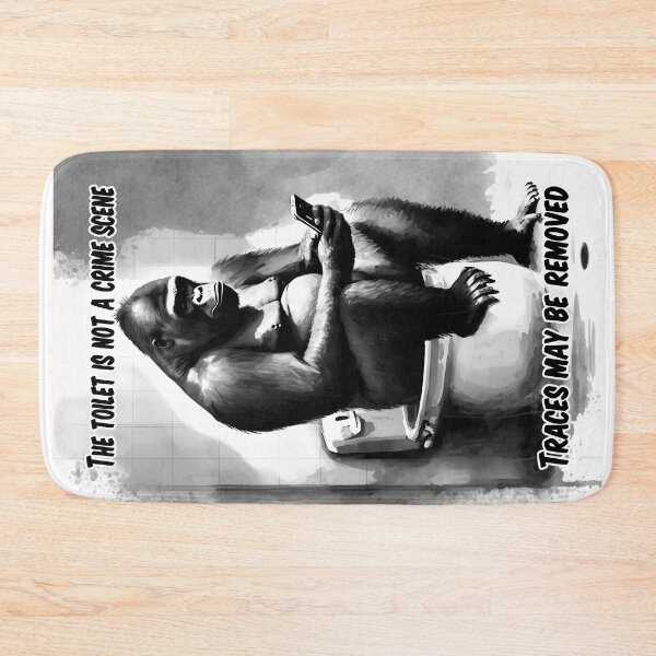 Item preview, Gorilla with cell phone on the toilet | saying bathroom | bath mat designed and sold by shirt-planet.