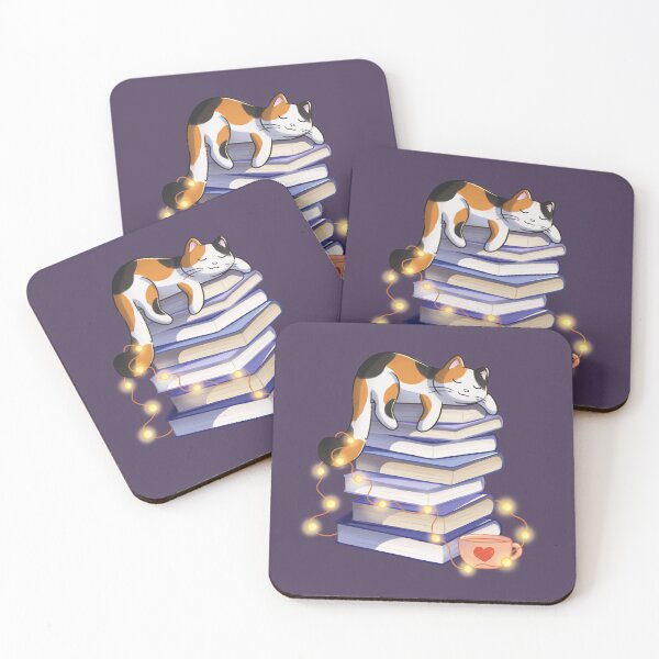 Calico Cat durmiendo en libros Posavasos (lote de 4)