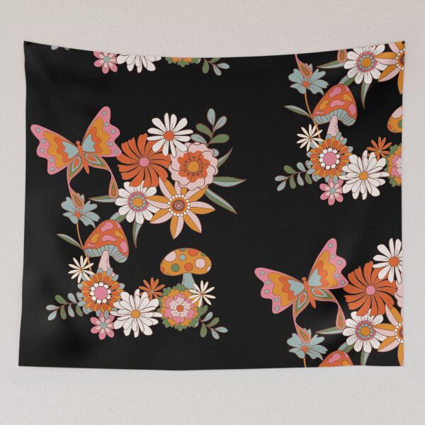 Item preview, Butterfly & Mushrooms With Flowers Colorful Psychedelic 60s Design designed and sold by EarthArtDesigns.