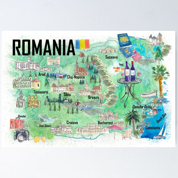 Item preview, Romania Illustrated Travel Map with Roads and Tourist Highlights  designed and sold by artshop77.