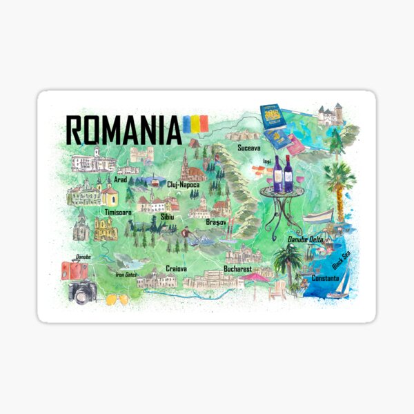 Item preview, Romania Illustrated Travel Map with Roads and Tourist Highlights  designed and sold by artshop77.