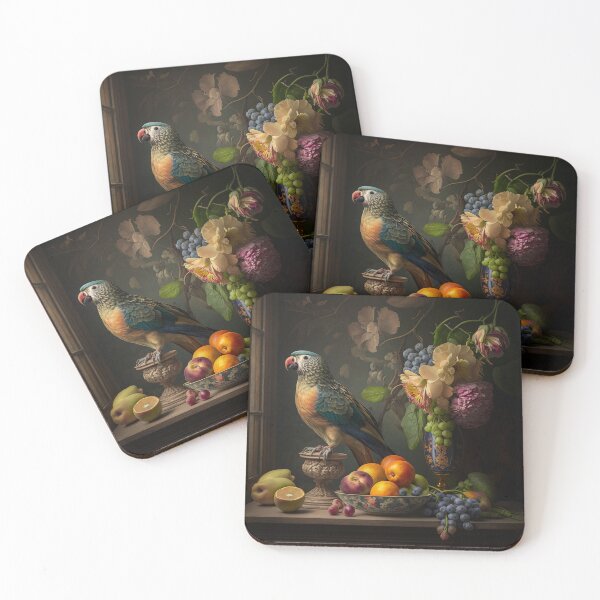 Artikelvorschau, Fantasy Parrot: Ein Stillleben mit Früchten und Blumen entworfen und verkauft von SweetbriarTales.