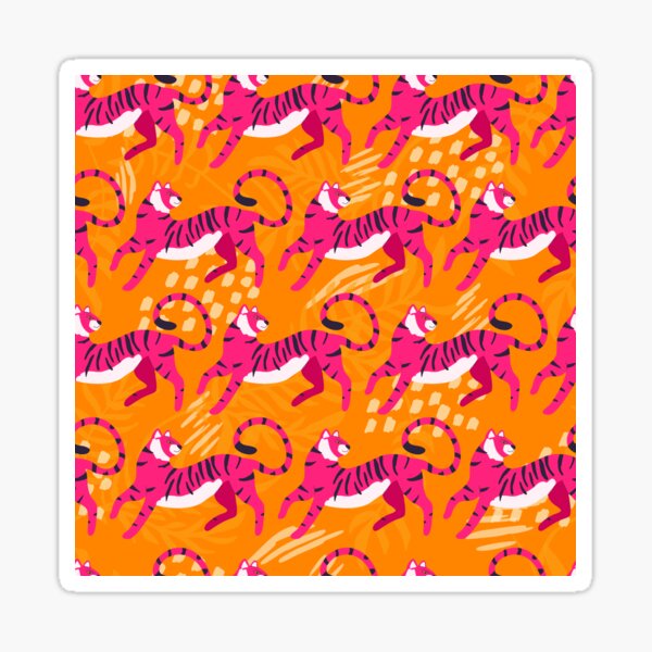 Vista previa del artículo con la obra «Tigres rosas brillantes en patrón naranja», diseñado y vendido por BlueLela.
