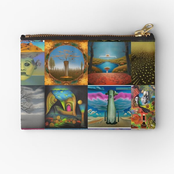 Surreal: This word typically evokes images of dreamlike landscapes, distorted shapes and figures, and otherworldly scenes. Zipper Pouch