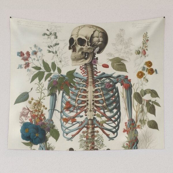 Item preview, Bones and botany skeleton drawing with flowers designed and sold by PeriwinkleStone.