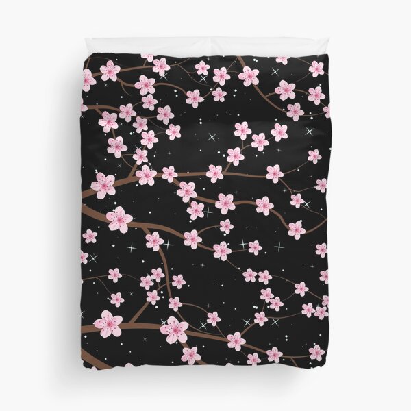 Sakura Cherry Blossom Trees on Black Duvet Cover