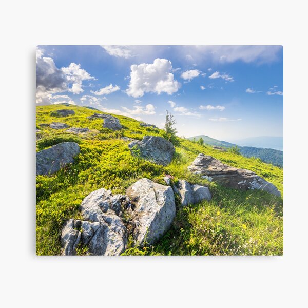 boulders on the hillside in high mountains at sunrise Metal Print