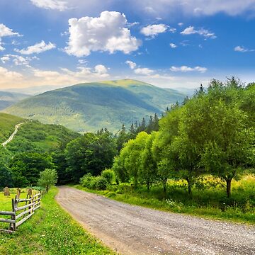 Artwork thumbnail, fence near road down the hill with forest in mountains at sunrise by mike-pellinni