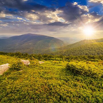 Artwork thumbnail, hill with white boulders in mountains at sunset by mike-pellinni