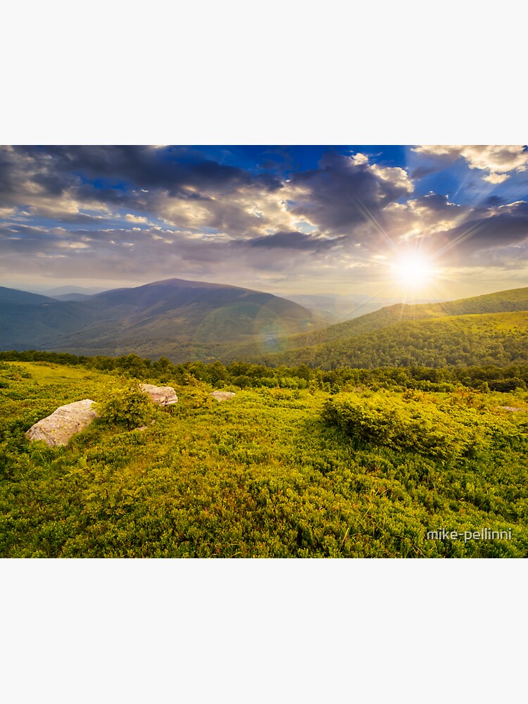 Thumbnail 3 of 3, Sticker, hill with white boulders in mountains at sunset designed and sold by mike-pellinni.