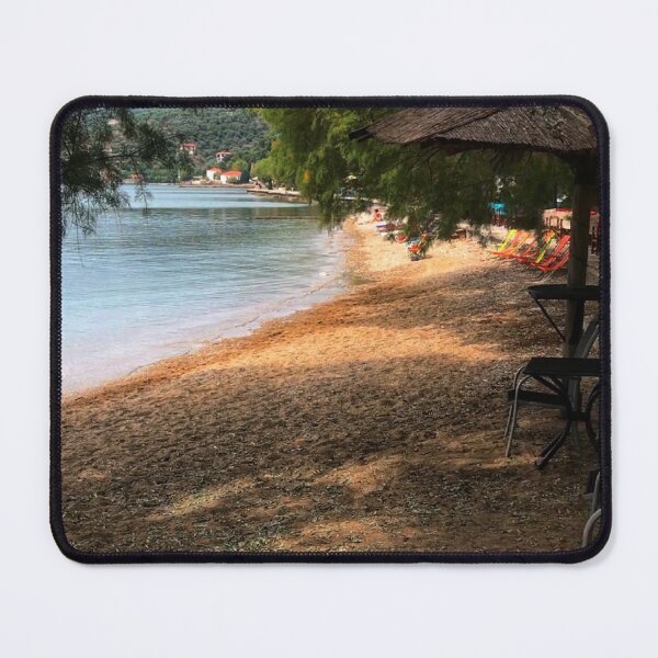 Item preview, Scenic view on Mediterranean sea from beach cafe under fir trees and tiki bar   designed and sold by Khala.