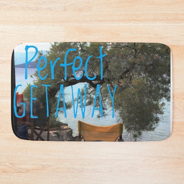 Item preview, At a cafe on Mediterranean sea with text Perfect Getaway  designed and sold by Khala.