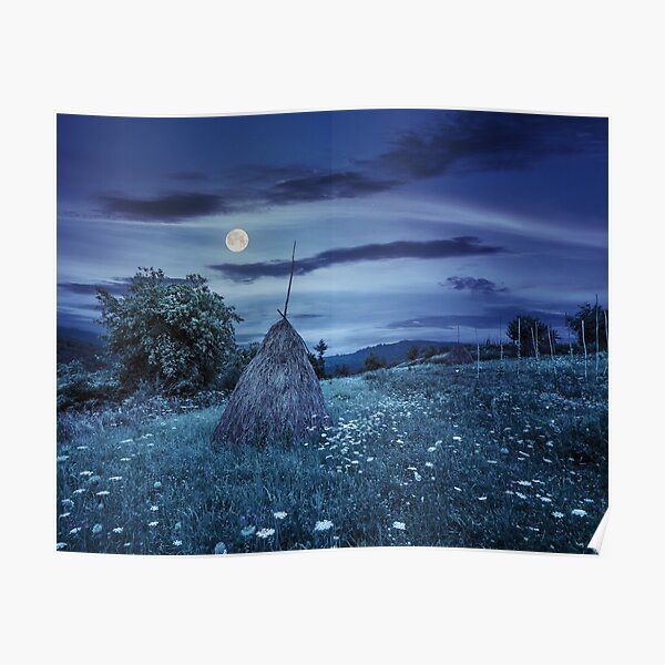 field with haystacks on hillside at night Poster
