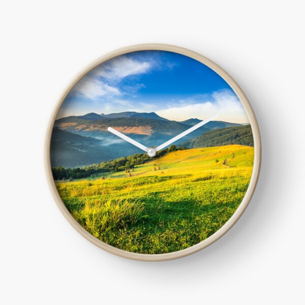 haystacks in agricultural field in mountain Clock