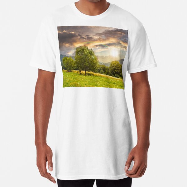 meadow near the forest in mountains at sunset Long T-Shirt