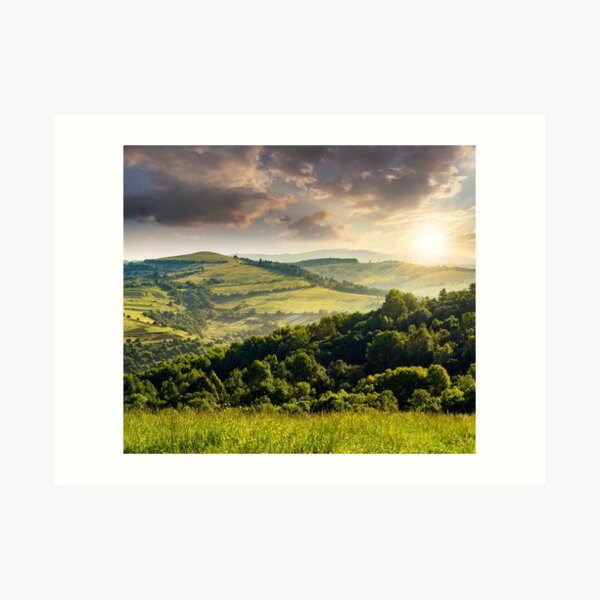 agricultural fields in mountains at sunset Art Print