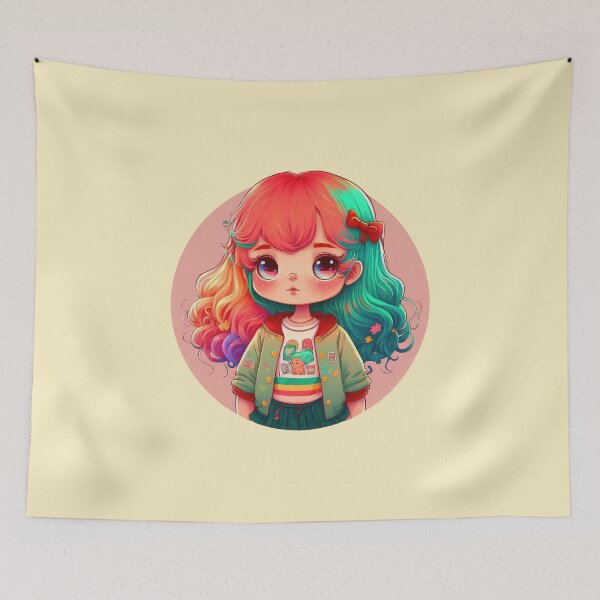 Item preview, Cute Girl Big Eye Young Female Character Colorful Hair With Red Bow designed and sold by ultra-cute.