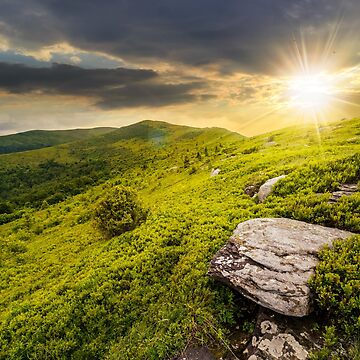 Artwork thumbnail, stones in valley on top of mountain range at sunset by mike-pellinni