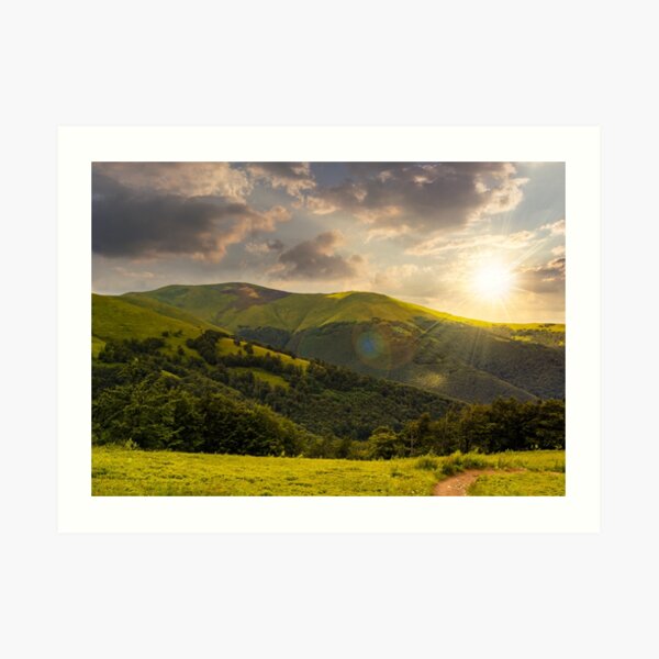 path through the forest in mountains at sunset Art Print