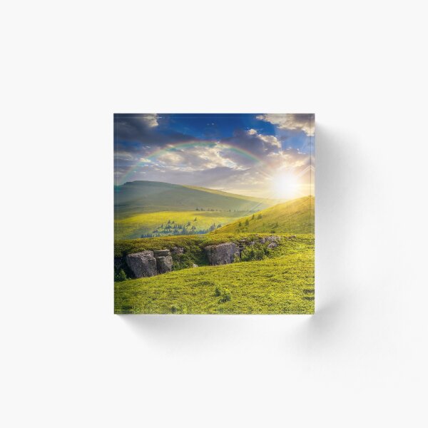 mountain peak behind hillside with boulders at sunset Acrylic Block