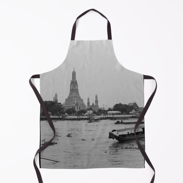 Item preview, Black and white photography with a view from the Chao Phraya River to a boat and the Buddhist Wat Arun Temple in Bangkok designed and sold by Lisa Jureczko.