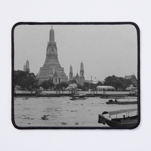 Item preview, Black and white photography with a view from the Chao Phraya River to a boat and the Buddhist Wat Arun Temple in Bangkok designed and sold by Lisa Jureczko.