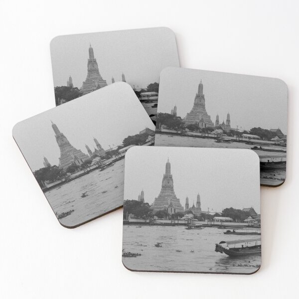 Item preview, Black and white photography with a view from the Chao Phraya River to a boat and the Buddhist Wat Arun Temple in Bangkok designed and sold by Lisa Jureczko.