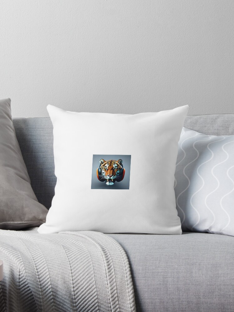 giant tiger with headphones Throw Pillow