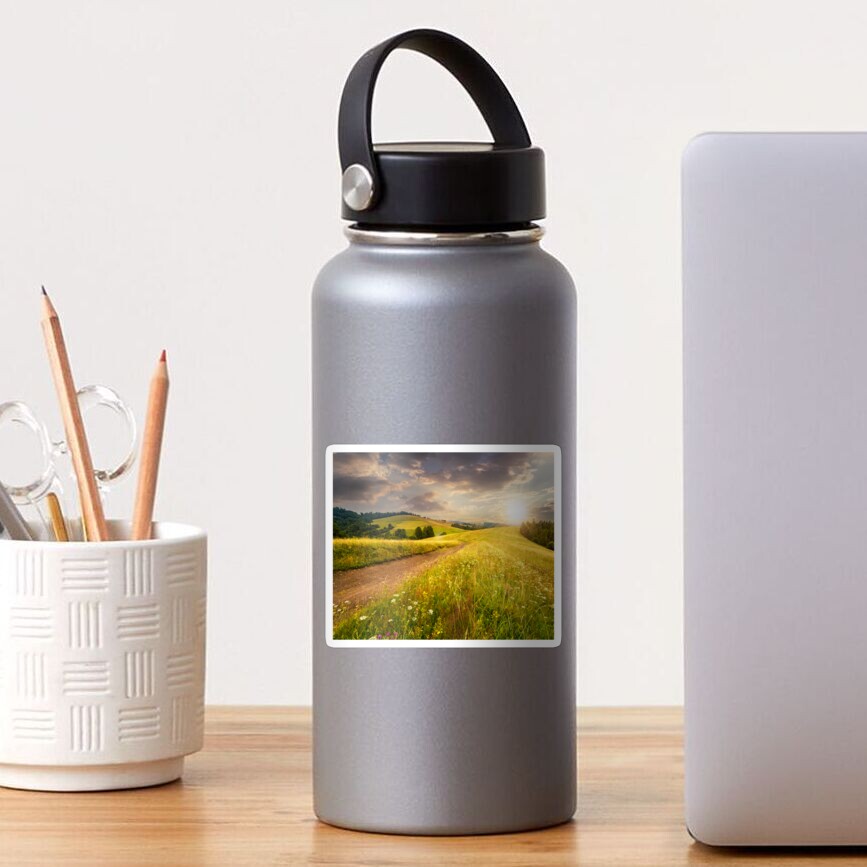 road through the meadow on hillside at sunset Sticker