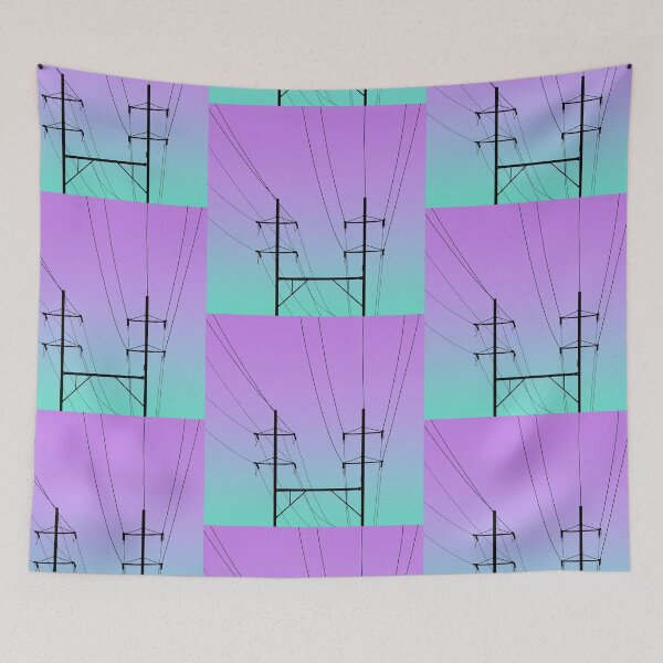 Item preview, Electricity wires pylon blue and purple  landscape  designed and sold by TinyArtCorner.