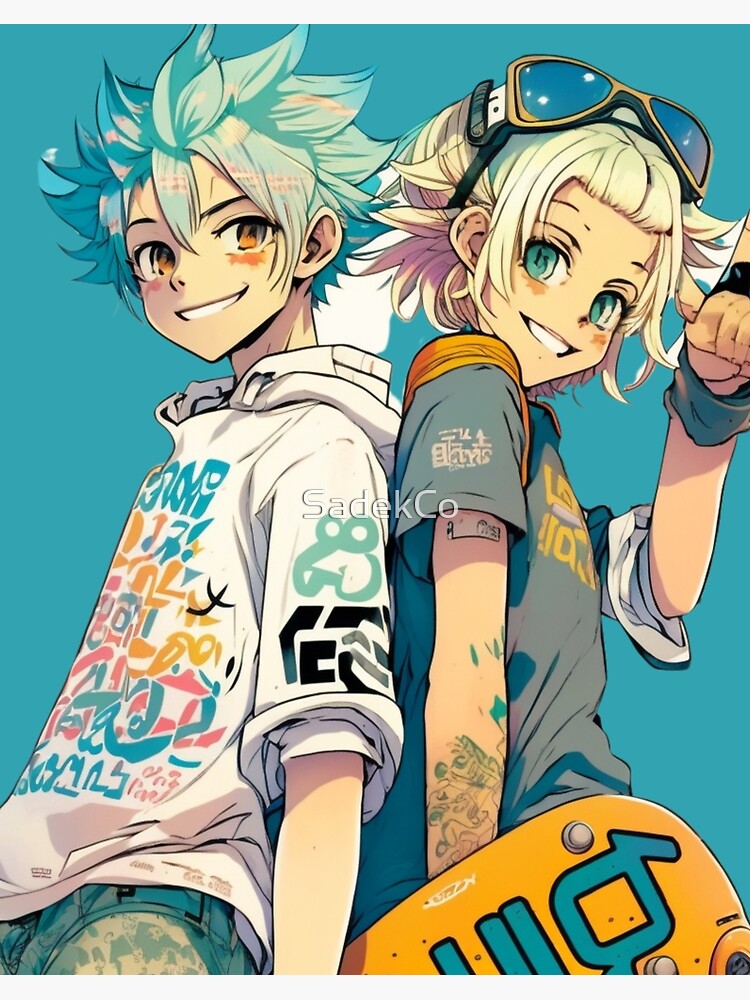 Anime skater boy with futuristic style and skateboard