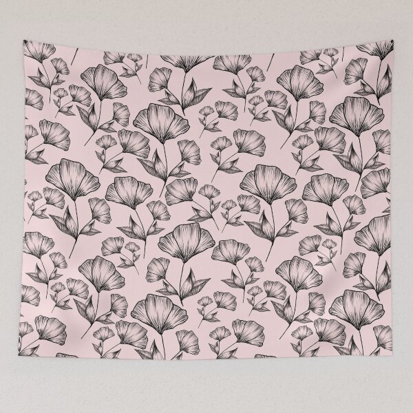 Item preview, Black line art flowers on powder pink, seamless pattern designed and sold by Smetankinaart.