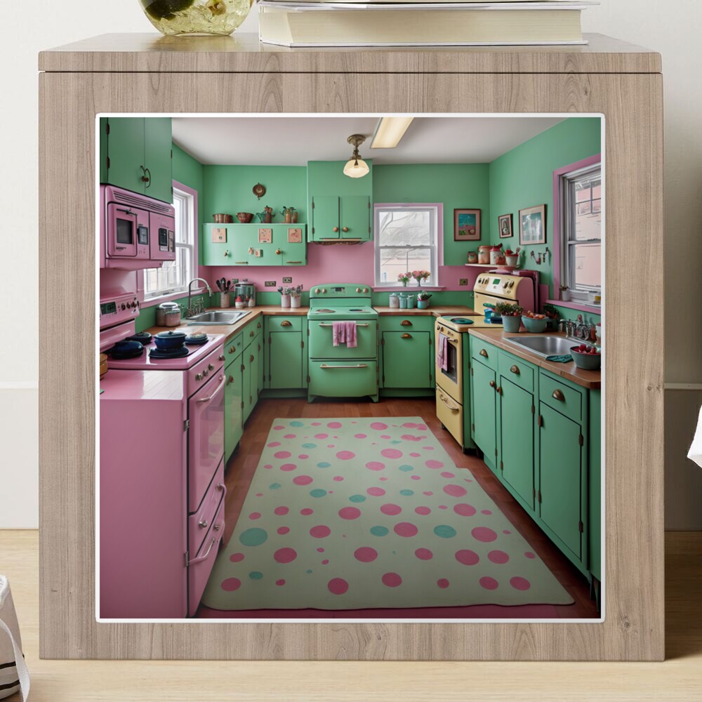 1950's turquoise kitchen displaying cabinets and countertops and old  fashioned flower painted plates with a row of retro appliances and an old  fashioned refrigerator - AI Generated Artwork - NightCafe Creator