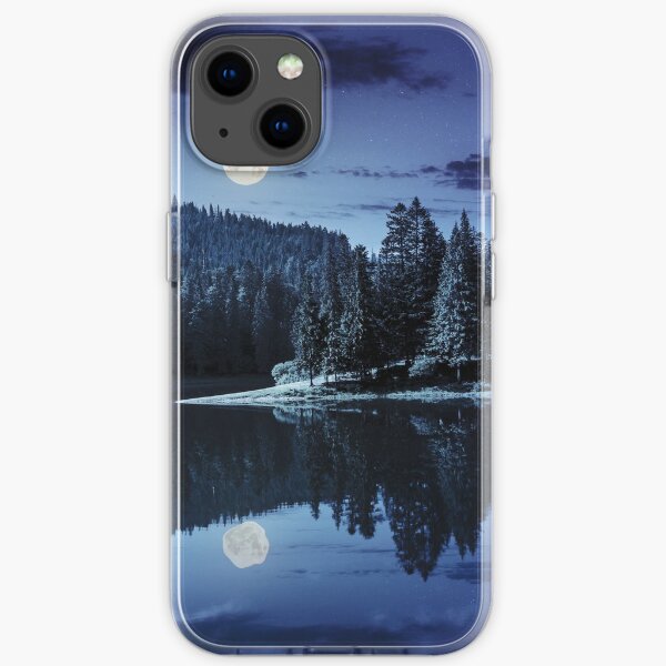 lake near the mountain in pine forest at night iPhone Soft Case
